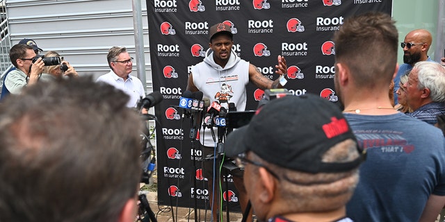 Browns quarterback Deshaun Watson talks to the media after minicamp at CrossCountry Mortgage Campus in Cleveland, Ohio, on June 14, 2022.