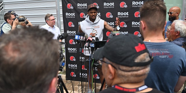 Browns quarterback Deshaun Watson talks to the media after minicamp at CrossCountry Mortgage Campus in Cleveland, Ohio, on June 14, 2022.