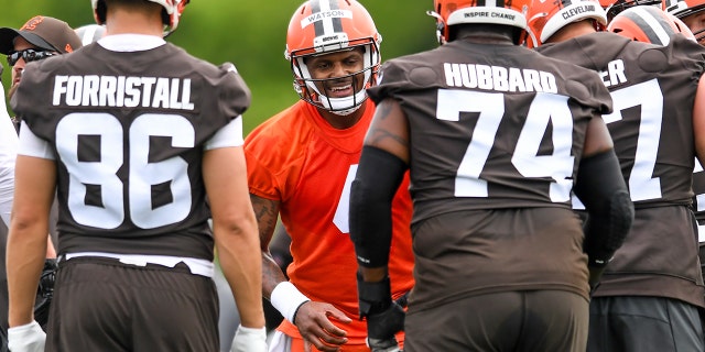 Deshaun Watson (4) of the Cleveland Browns runs a drill during the Cleveland Browns' OTAs at CrossCountry Mortgage Campus May 25, 2022, in Berea, Ohio.