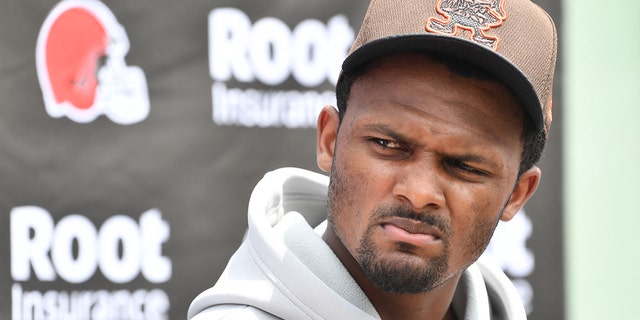 Browns quarterback Deshaun Watson talks to the media after minicamp at CrossCountry Mortgage Campus on June 14, 2022, in Cleveland, Ohio.