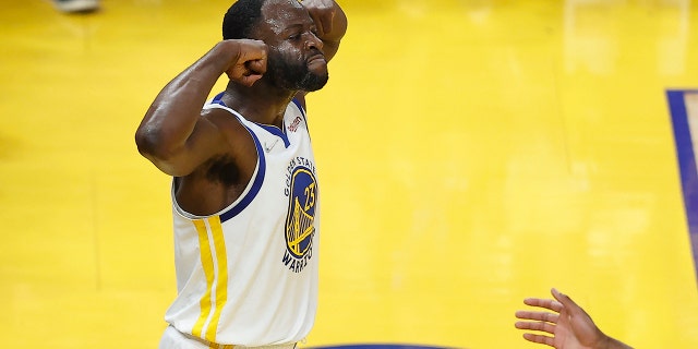 Golden State Warriors forward Draymond Green reacts during the first half of Game 2 of basketball's NBA Finals against the Boston Celtics in San Francisco, Sunday, June 5, 2022.