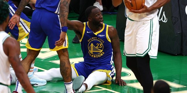 Draymond Green #23 of the Golden State Warriors reacts against the Boston Celtics during the second quarter in Game Six of the 2022 NBA Finals at TD Garden on June 16, 2022 in Boston, Massachusetts.