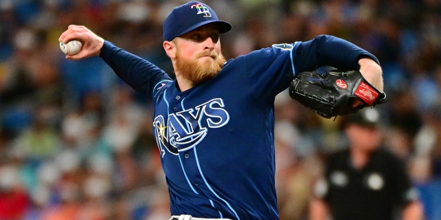 Drew Rasmussen (57) of the Tampa Bay Rays delivers a pitch to the Chicago White Sox in the second inning at Tropicana Field June 4, 2022, in St. Petersburg, Fla.