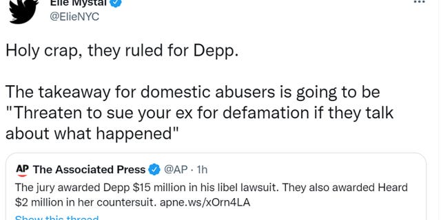 Elie Mystal tweet attı "Vay canına, Depp için karar verdiler. Aile içi istismarcılar için paket, 'Olanlar hakkında konuşurlarsa eski sevgilinize iftira davası açmakla tehdit edin' olacaktır."