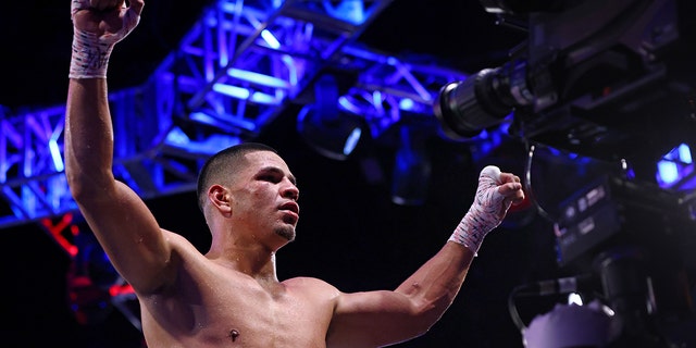 Edgar Berlanga reacts after defeating Roamer Alexis Angulo to win the NABO super middleweight championship fight at Madison Square Garden on June 11, 2022, in New York City.