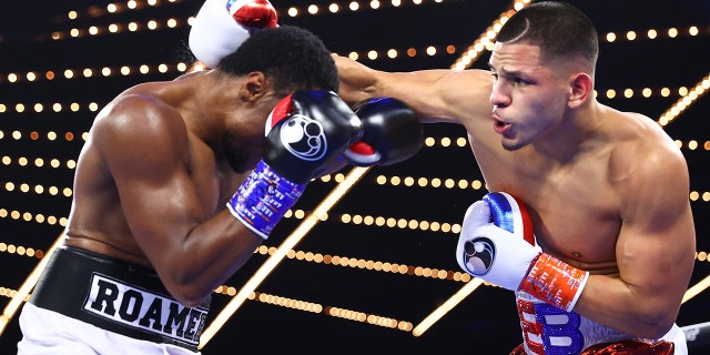 Roamer Alexis Angulo and Edgar Berlanga exchange punches at Madison Square Garden on June 11, 2022, in New York City.