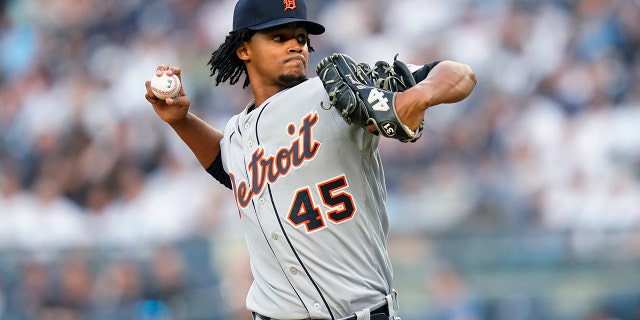 Detroit Tiger Elvin Rodriguez pitches during the first inning of the team's game against the New York Yankees Friday, June 3, 2022, in New York.