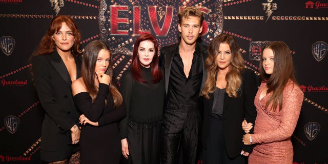 Riley Keough, Harper Lockwood, Priscilla Presley, Austin Butler, Lisa Marie Presley and Finley Lockwood at the "Elvis" premiere in Memphis.