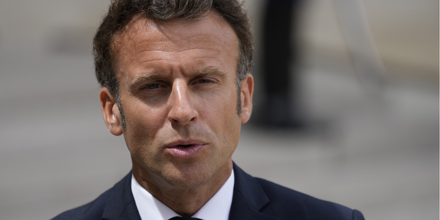 French President Emmanuel Macron delivers his speech with Portugal's Prime Minister Antonio Costa, prior to their meeting at the Elysee Palace, in Paris, France, on Tuesday, June 7.