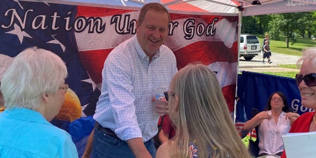 Republican Attorney General Eric Schmitt of Missouri, a leading contender for the state's GOP Senate nomination, greets voters at the Texas County and Shannon County Lincoln Days gathering, on June 11, 2022 