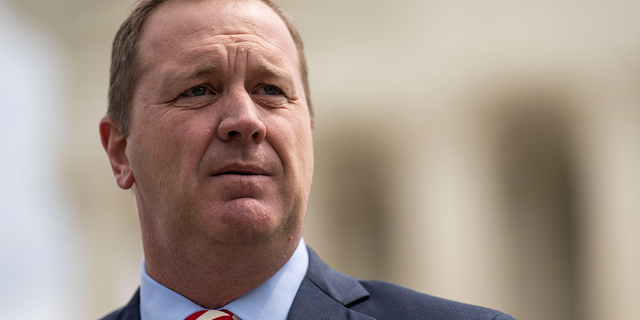 Missouri Attorney General Eric Schmitt, also the GOP nominee for Senate in the state, speaks to reporters in front of the Supreme Court of the United States on Tuesday, April 26, 2022 in Washington, DC.