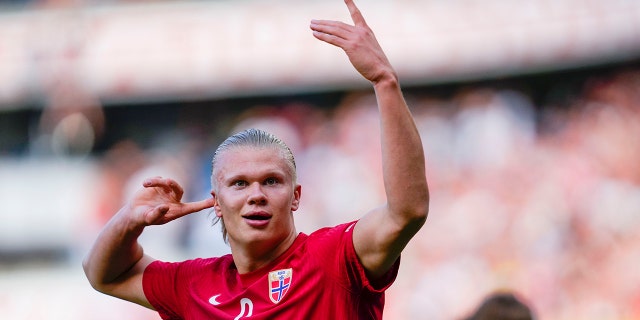 Norway's Erling Braut Haaland celebrates scoring during the Nations League soccer match between Norway and Sweden at Ullevaal Stadium in Oslo, Sunday June 12, 2022.