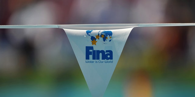 The logo of the Swimming governing body FINA is displayed on a flag at the main swimming pool on July 26, 2009 at the 13th FINA World Swimming Championships in Rome.
