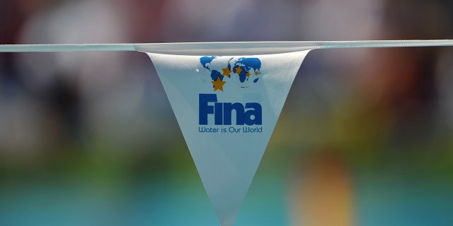 The logo of the Swimming governing body FINA is displayed on a flag at the main swimming pool on July 26, 2009 at the 13th FINA World Swimming Championships in Rome.