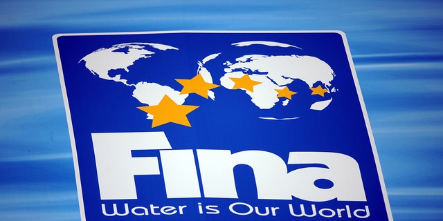A logo of the is the international governing body of swimming, diving, water polo, synchronized swimming and open water swimming, FINA is displayed during the FINA World Championships in Rome on July 25, 2009. 