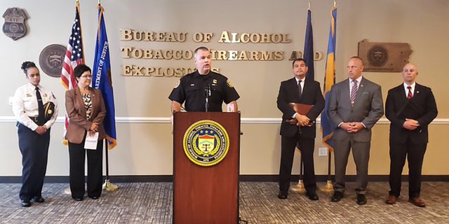 The Philadelphia Fire Department joined federal authorities for a press conference on June 28, 2022, to announced the arrest of Al-Ashraf Khalil, who allegedly caused the fire earlier this month that killed Philadelphia firefighter Lt. Sean Williamson. (Philadelphia Fire Department)
