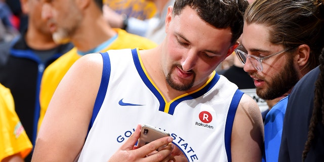 A fan dressed as Klay Thompson prior to Game 4 of the Western Conference finals during the 2018 NBA Playoffs May 20, 2018, at Oracle Arena in Oakland, Calif.