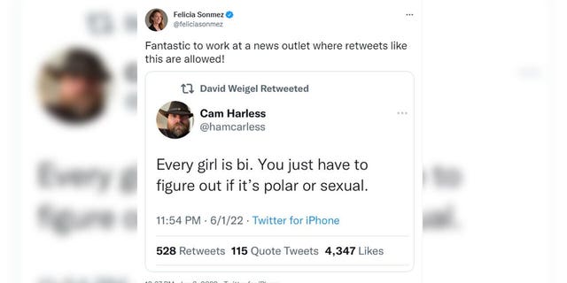 فلیسیا سونمز، خبرنگار واشنگتن پست، همکارش دیوید وایگل و خود روزنامه را به خاطر توییتی که او با شوخی درباره زنان به اشتراک گذاشته بود، صدا زد.