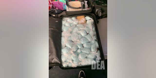 Bags of recently seized counterfeit pills made of Fentanyl are shown here, as captured by the U.S. Drug Enforcement Administration (DEA). 