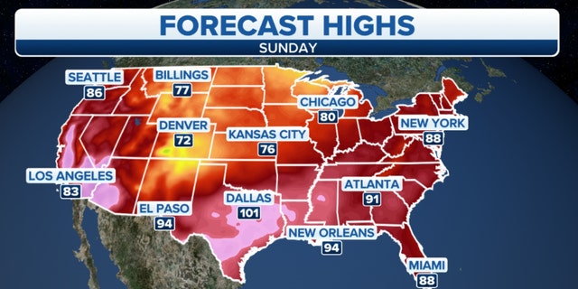 Forecast of high temperatures in the US on Sunday