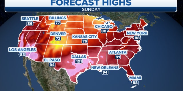 Forecast high temperatures in the U.S. on Sunday