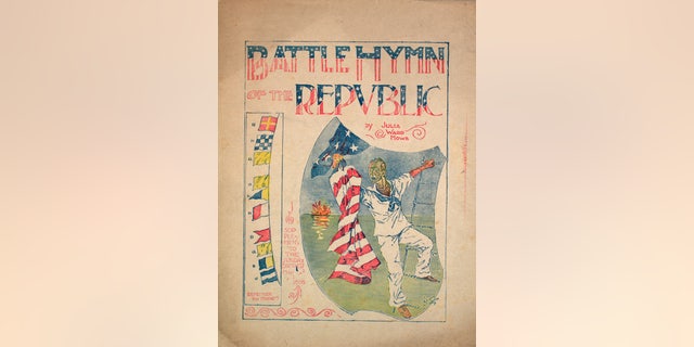 The sheet music cover image of "Battle Hymn of the Republic" by Julia Ward Howe, with lithographic or engraving notes, 1898. 