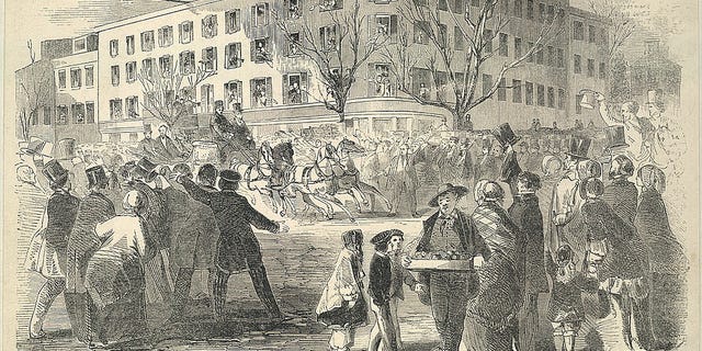 This illustration shows President Franklin Pierce leaving Washington, D.C., landmark Willard's Hotel in a horse-drawn carriage in 1853. Julia Ward Howe penned "The Battle Hymn of the Republic" at this same hotel eight years later — after awaking from a dream. 