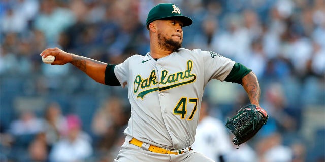 Oakland Athletics starting pitcher Frankie Montas throws to a New York Yankees batter during the first inning of a baseball game Tuesday, June 28, 2022, in New York.