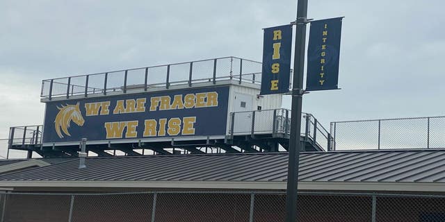 Press box of Fraser High School football field between Richards Middle School and Fraser High School campuses. 