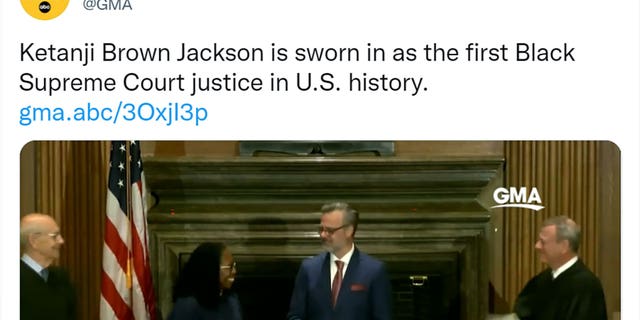 GMA's tweet originally read, "Ketanji Brown Jackson is sworn in as the first Black Supreme Court justice in U.S. history."