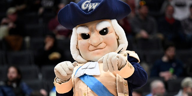The George Washington Colonials mascot performs in the second half against the Massachusetts Minutemen during the second round of the 2022 Atlantic 10 men's basketball tournament at Capital One Arena March 10, 2022, in Washington, D.C.