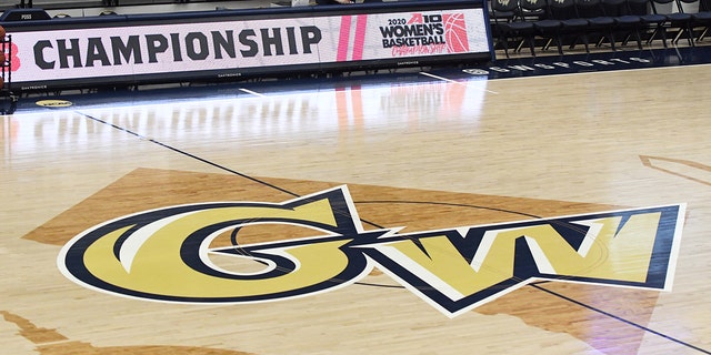 The George Washington Colonials' logo on the floor before a first-round Atlantic 10 women's basketball tournament game against the Richmond Spiders at the Smith Center March 3, 2020, in Washington, D.C.