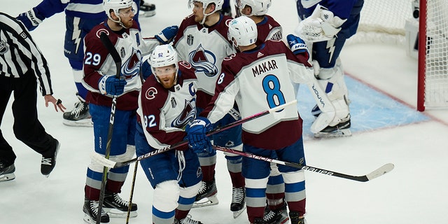 Colorado Avalanche left wing Gabriel Landeskog (92) celebrates goal after scoring in the first period of Game 3 of the NHL hockey Stanley Cup Final on Monday, June 20, 2022, in Tampa, Fla. 