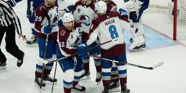 Colorado Avalanche left wing Gabriel Landeskog (92) celebrates goal after scoring in the first period of Game 3 of the NHL hockey Stanley Cup Final on Monday, June 20, 2022, in Tampa, Fla. 