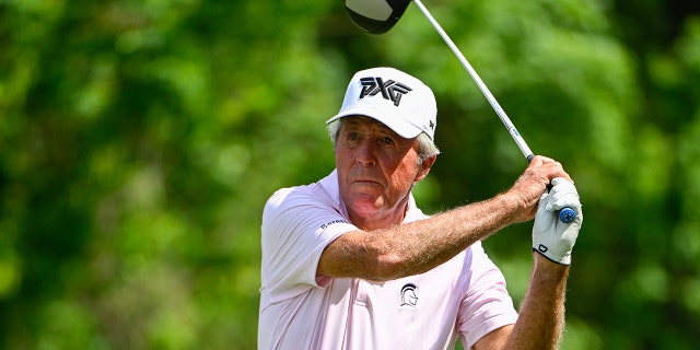 Gary Player watches his tee shot on 11 in the 3M Greats of Golf during the Insperity Invitational at The Woodlands Country Club April 30, 2022, in The Woodlands, Texas.