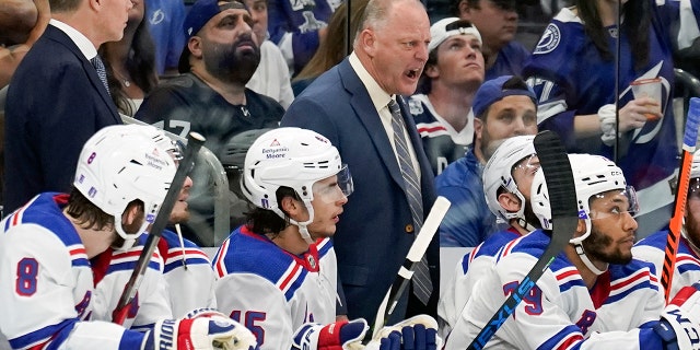 New York Rangers head coach Gerard Gallant yells to his players during the second period in Game 4 of the NHL Hockey Stanley Cup playoffs Eastern Conference finals against the Tampa Bay Lightning, Tuesday, June 7, 2022, in Tampa, Fla.