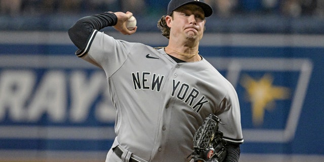 New York Yankees starter Gerrit Cole pitches during the first inning against the Rays Monday, June 20, 2022, in St. Petersburg.