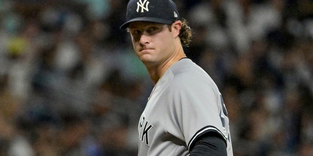 New York Yankees starter Gerrit Cole checks a baserunner during the Tampa Bay Rays game, Monday, June 20, 2022, in St. Petersburg, Florida.