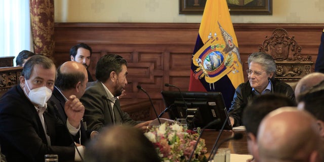President of Ecuador Guillermo Lasso looks on during the meeting with transport union members as part of the fourth day of national strike to protest against policies of President Lasso on June 15, 2022 in Quito, Ecuador.