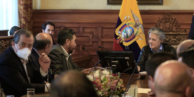 President of Ecuador Guillermo Lasso looks on during the meeting with transport union members as part of the fourth day of national strike to protest against policies of President Lasso on June 15, 2022 in Quito, Ecuador.