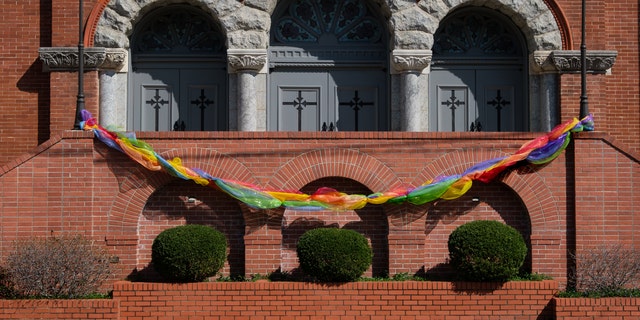 The First United Methodist Church in Little Rock, Arkansas, USA, displays a rainbow decoration to signify that all, including LGBTQ, are welcome.