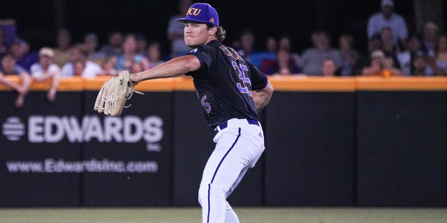 Bryson Worrell fields the ball against Quinnipiac Bobcats on June 2, 2109, at Clark-LeClair Stadium in Greenville, North Carolina.