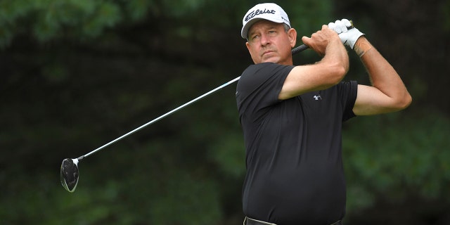 Bart Bryant plays his tee shot during the Senior Players Championship at Firestone Country Club on July 12, 2019, in Akron, Ohio.