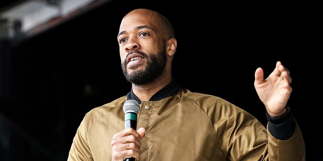 Wisconsin Governor Mandela Barnes speaks to the crowd at the 48th Juneteenth Day Festival in Milwaukee, Wisconsin on June 19, 2019.