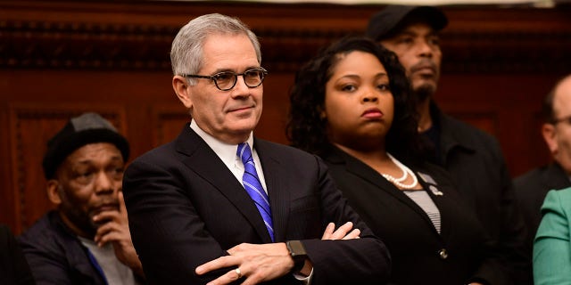 Philadelphia District Attorney Larry Krasner reacts when Daniel Outlaw is mentioned at a press conference announcing her as the new police commissioner Dec. 30, 2019 in Philadelphia, Pennsylvania.