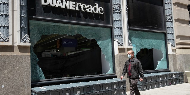 This May 31, 2020, file photo shows a looted Duane Reade in Manhattan after a large anti-police brutality march following the killing of George Floyd. 