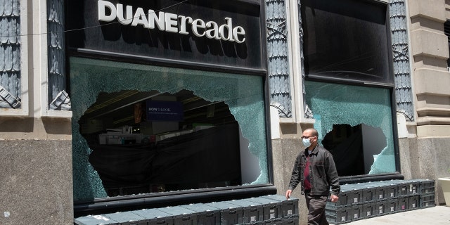 This May 31, 2020, file photo shows a looted Duane Reade in Manhattan after a large anti-police brutality march following the killing of George Floyd.