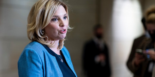 UNITED STATES - MARCH 9: Rep. Ashley Hinson, R-Iowa,  speaks to reporters after the House Republican Conference meeting in the Capitol Visitor Center on Tuesday, March 9, 2021. (Photo By Bill Clark/CQ-Roll Call, Inc via Getty Images)