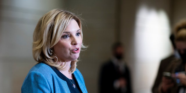 UNITED STATES - MARCH 9: Rep. Ashley Hinson, R-Iowa,  speaks to reporters after the House Republican Conference meeting in the Capitol Visitor Center on Tuesday, March 9, 2021. (Photo By Bill Clark/CQ-Roll Call, Inc via Getty Images)