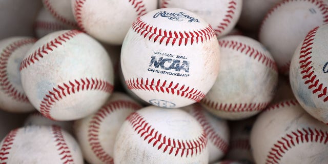 Baseballs in a bucket before a game between the Mississippi St. Bulldogs and the Vanderbilt Commodores during the Division I men's baseball championship at TD Ameritrade Park Omaha June 30, 2021, in Omaha, Neb.